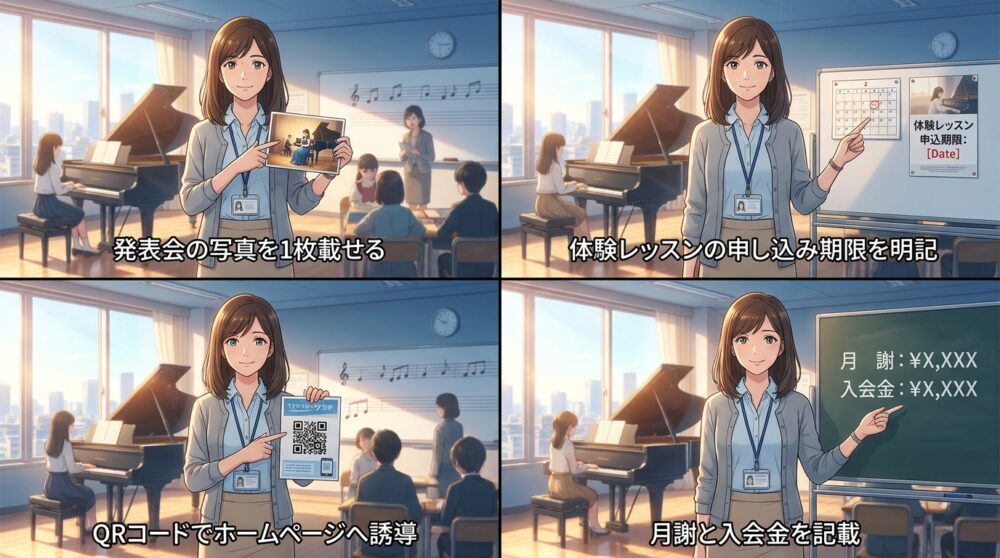 発表会後に体験レッスンの案内を地域に配る