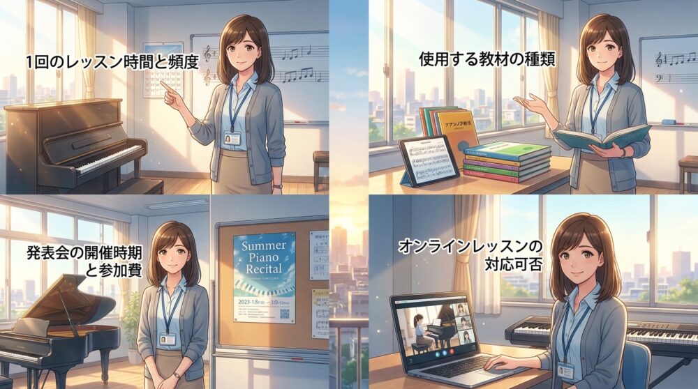 レッスンの進め方と発表会の有無が具体的に書かれているか