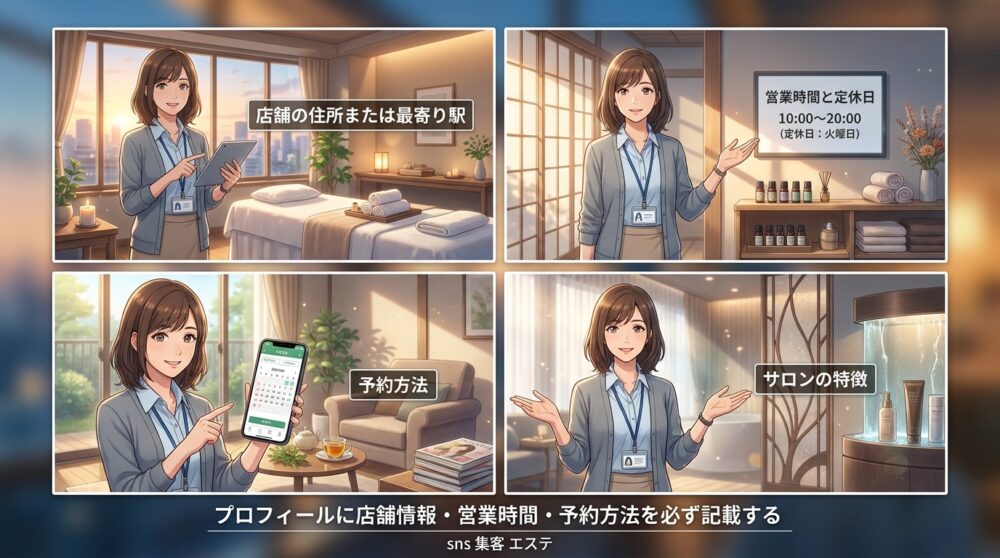 プロフィールに店舗情報・営業時間・予約方法を必ず記載する