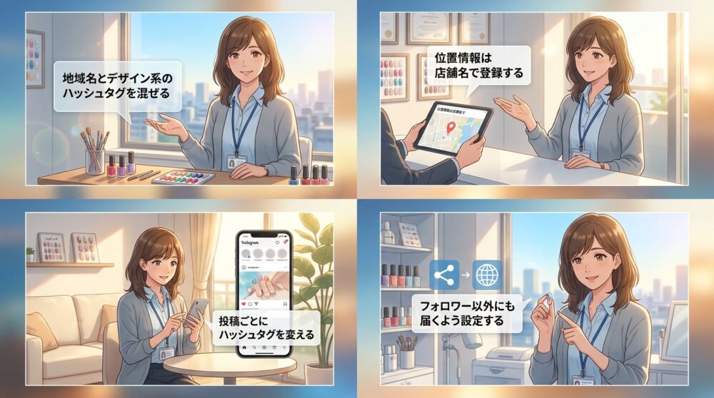投稿にハッシュタグと位置情報を必ずつける