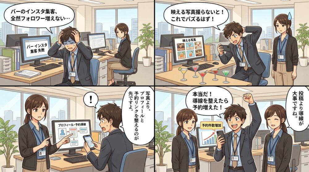 バー インスタ 集客の4コマ漫画