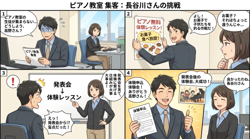 ピアノ教室 集客の4コマ漫画