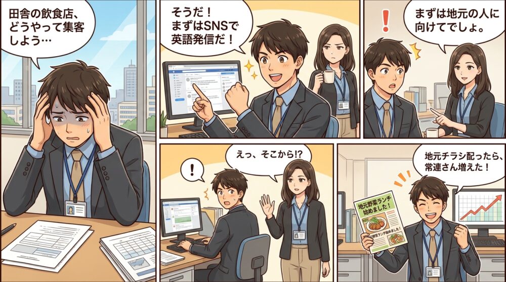 田舎 飲食店 集客の4コマ漫画