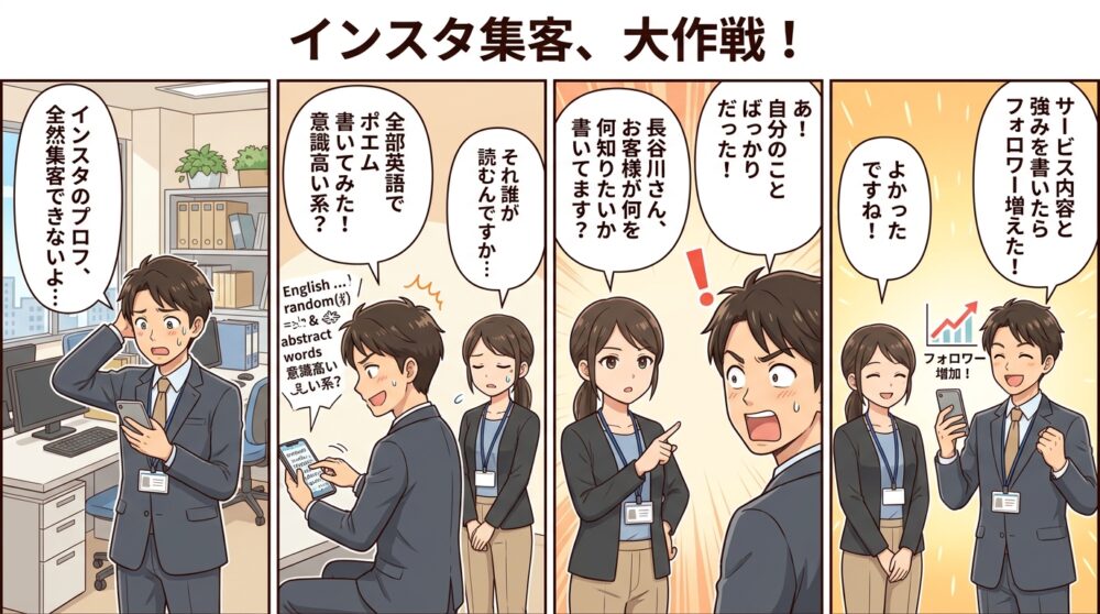 インスタ プロフィール 集客の4コマ漫画