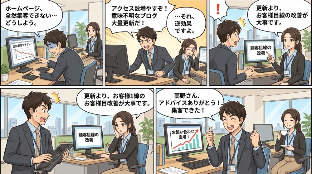 ホームページ 集客 できないの4コマ漫画