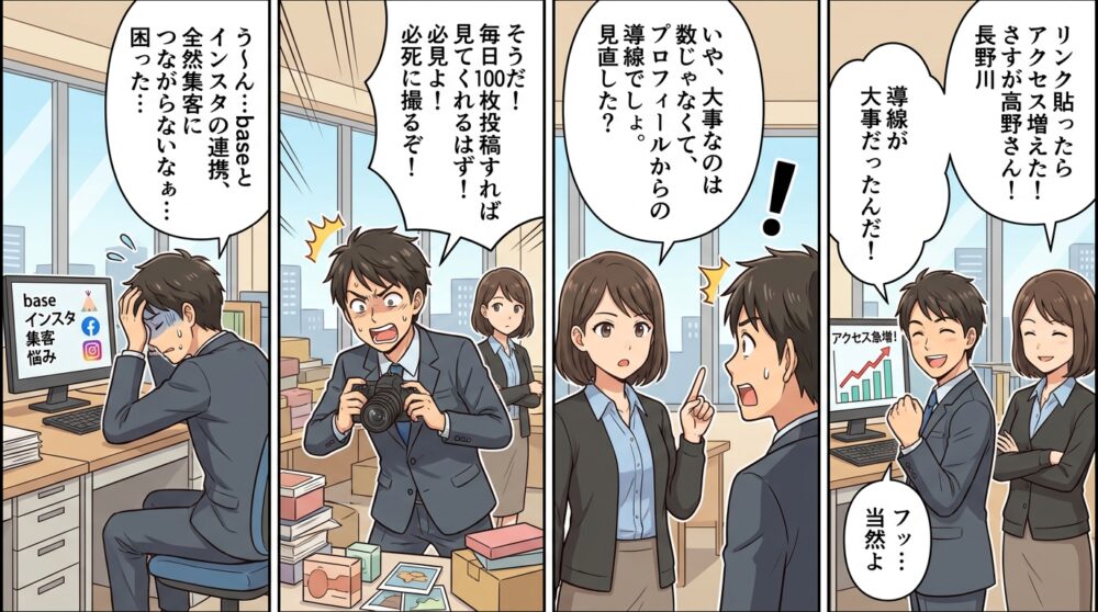 base インスタ 集客の4コマ漫画