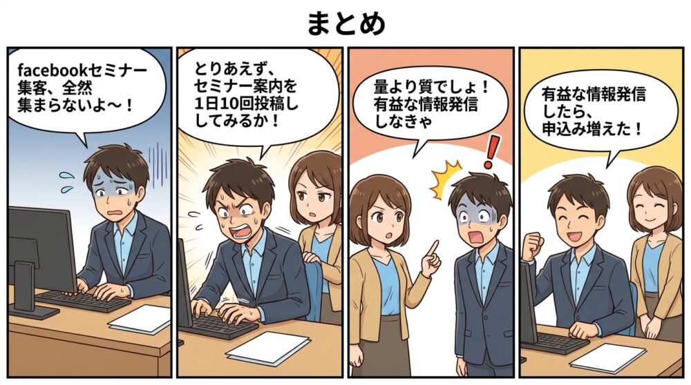 facebook セミナー 集客の4コマ漫画