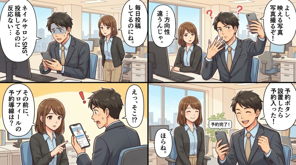 ネイルサロン sns 集客の4コマ漫画