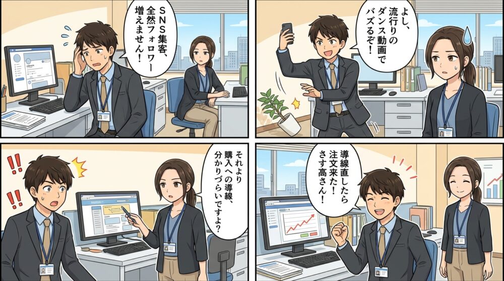 ネット ショップ 集客 snsの4コマ漫画